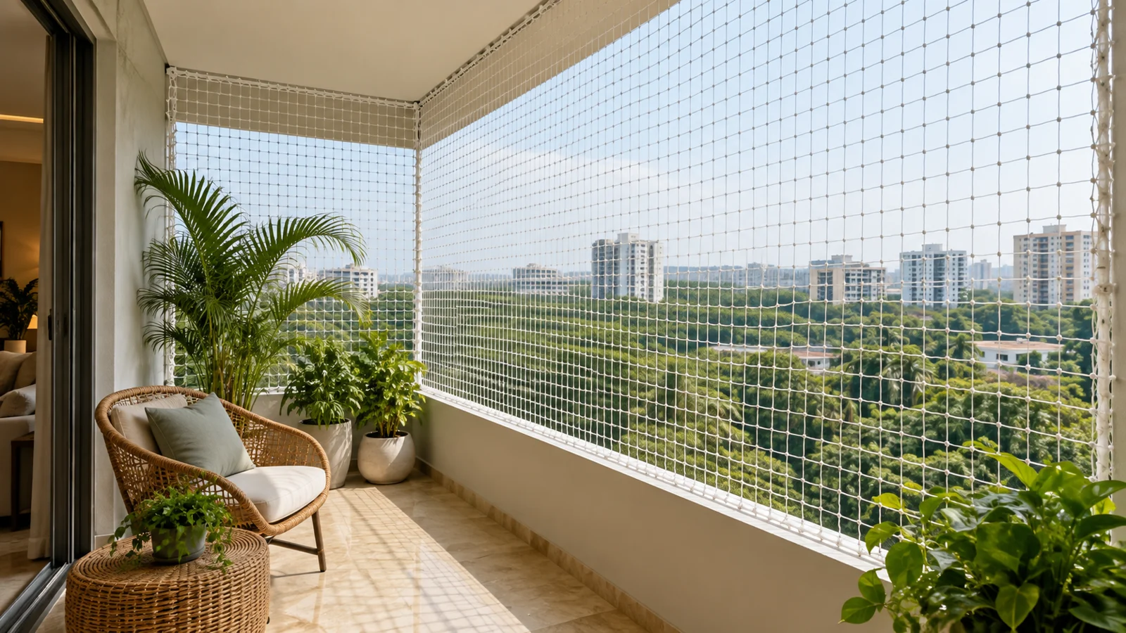 Illustrative balcony with anti-bird netting